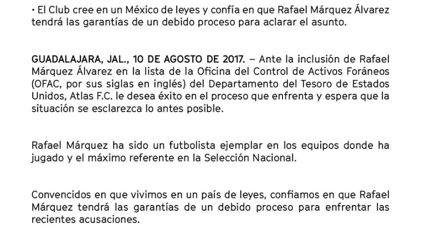 Femexfut y Atlas desean suerte a Rafael Márquez