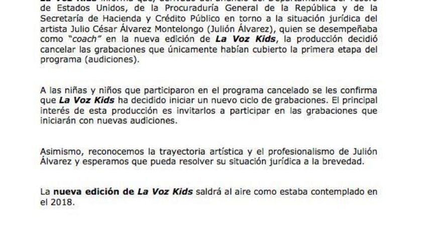 Julión Álvarez queda fuera de La Voz Kids anuncia Televisa