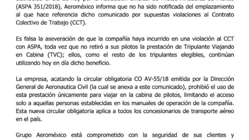 Aeroméxico niega notificación de huelga