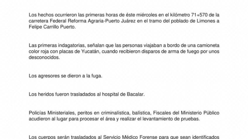 Fiscalía de Quintana Roo investiga ataque en carretera que dejó 8 muertos