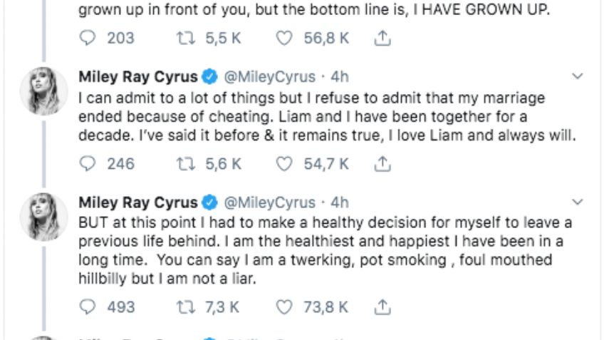 Miley Cyrus se confiesa y cuenta toda la verdad sobre su divorcio con Liam Hemsworth