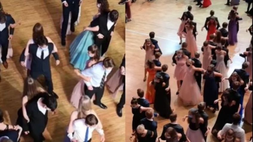 ¡De espaldas! Así bailaron el vals jóvenes para no contagiarse de Covid-19:VIDEO