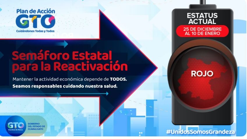 Guanajuato regresa al color rojo del semáforo epidemiológico