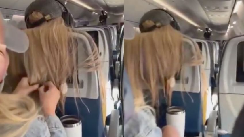 Pega CHICLE en el cabello de pasajera de AVIÓN por tapar su pantalla: VIDEO