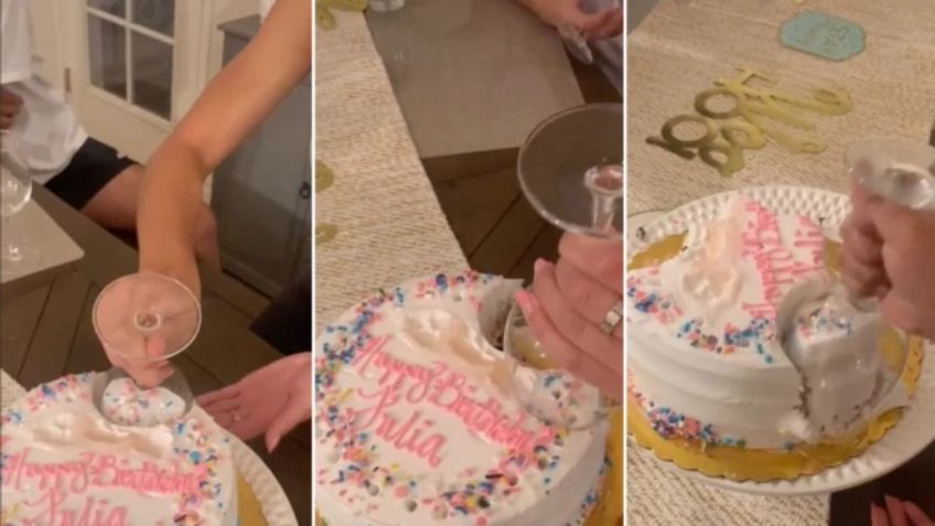 Mujer corta pastel con copa de vino y es ovacionada en redes sociales: VIDEO VIRAL