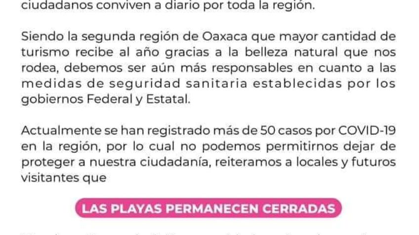 Playas de Oaxaca continuarán cerradas; sólo se podrá ir a Puerto Escondido