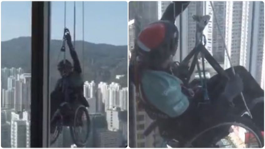 Hombre en silla de ruedas sube rascacielos en Hong Kong: VIDEO