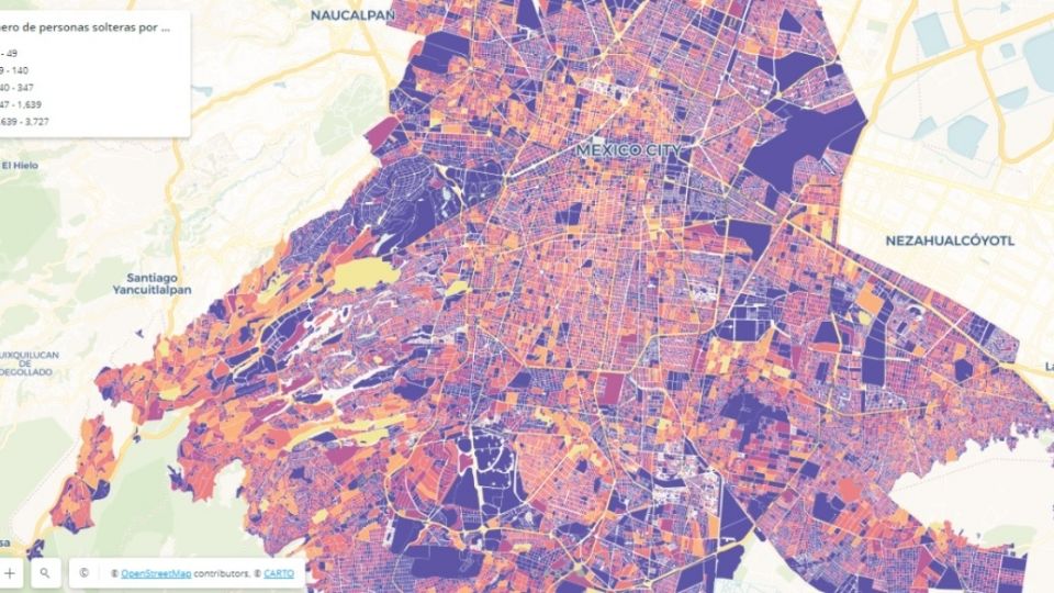 Mapa de personas solteras con datos del Inegi. Foto: Especial