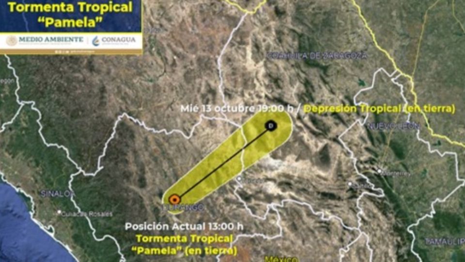 Pamela se localiza a 120 km al norte de Durango, Durango, y a 270 km al noreste de Mazatlán, Sinaloa. FOTO: Twitter / Conagua