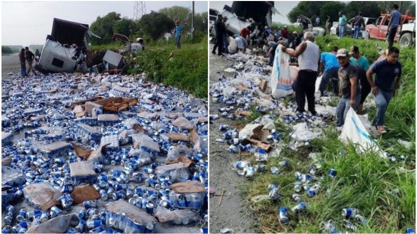 Pobladores de Linares rapiñan cerveza de tráiler volcado en Nuevo León