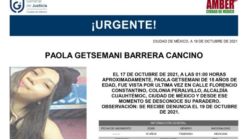 Alerta Amber CDMX: Fiscalía pide ayuda para localizar a Paola Getsemaní Barrera Cancino