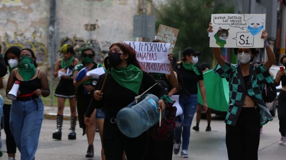 Las mujeres rayaron con gis el piso de la calle peatonal del centro de Tampico Foto: Especial