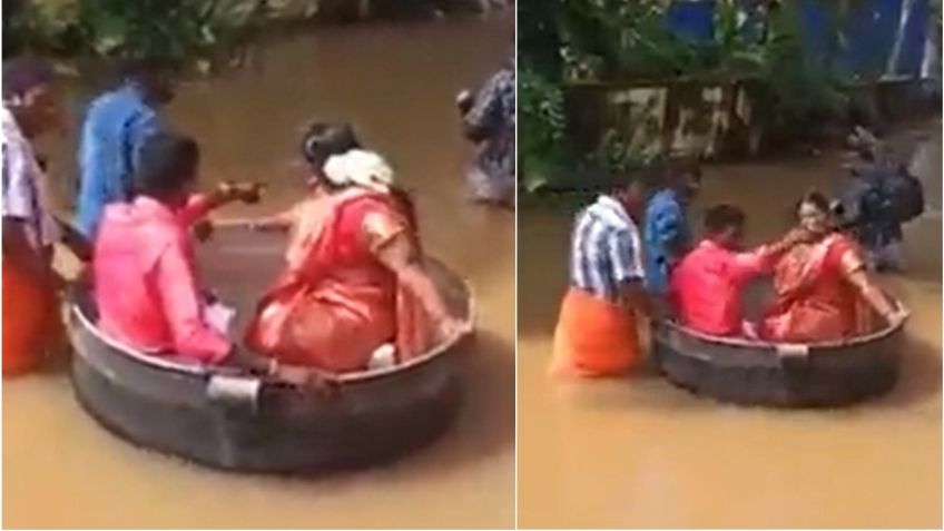 VIDEO VIRAL: Novios NO podían llegar a su boda por inundación; usan olla gigante como transporte