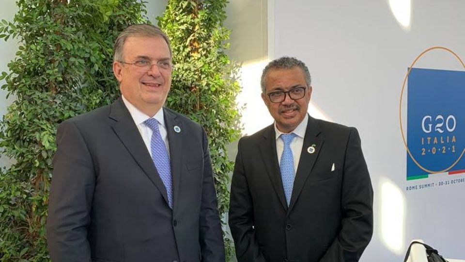 El canciller Marcelo Ebrard se reunió con el director general de la Organización Mundial de la Salud, Tedros Adhanom. Foto: Especial