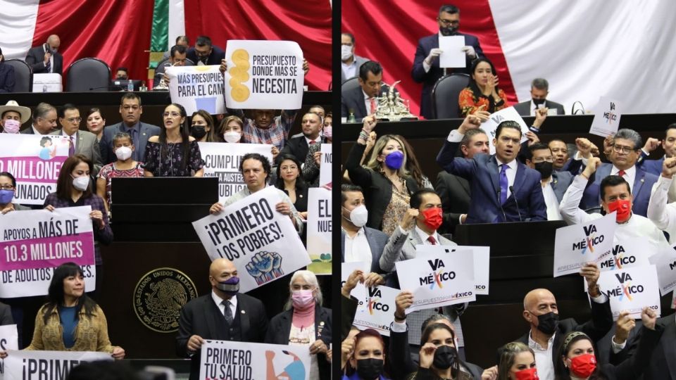 Entre protestas, mantas  y amagos Morena y aliados; y el bloque opositor de “Va por México” midieron fuerzas en el arranque de la discusión del Presupuesto de Egresos de la Federación 2022. FOTO: ESPECIAL