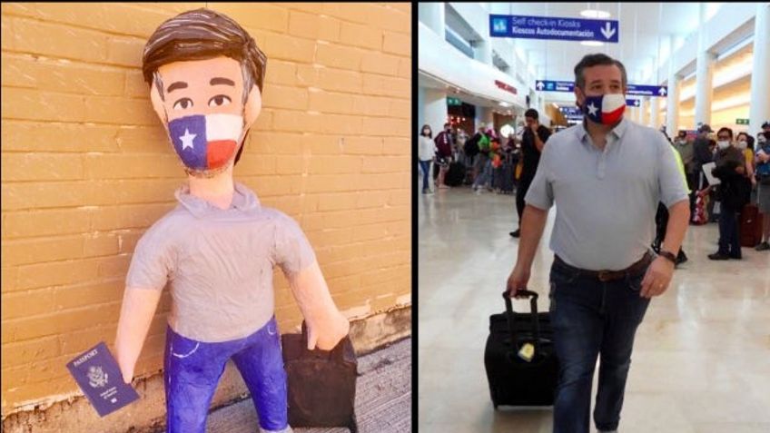 ¡Con maleta y pasaporte en mano! Crean PIÑATA de Ted Cruz en su VIAJE a Cancún