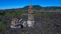 ¡CELESTIAL!  Así luce la fachada de la IGLESIA de San Juan Parangaricutiro sepultada por el VOLCÁN Paricutín | FOTOS