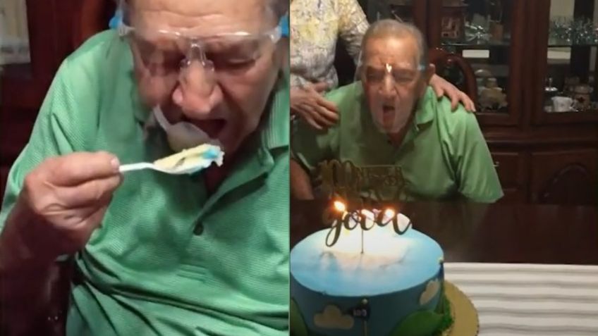 VIDEO VIRAL: Abuelito cumple 100 años, se vuelve viral por intentar soplar su pastel con todo y careta anti covid