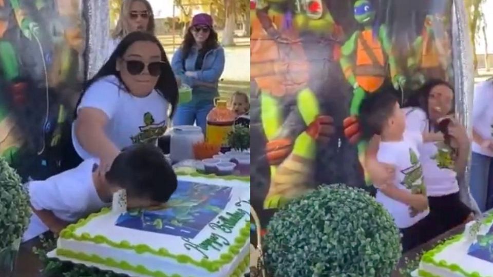 Niño es empujado en su pastel de cumpleaños y reacciona enojado y lanzando golpes a su familiar. Foto: Especial