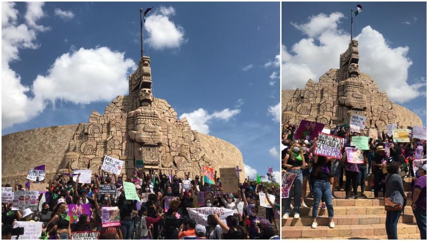 Mérida: derriban vallas del Monumento a la Patria e izan la bandera feminista