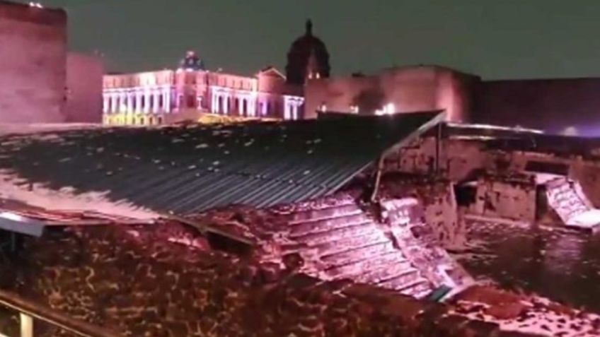 Granizada provoca caída de estructura que protegía al Templo Mayor: VIDEO