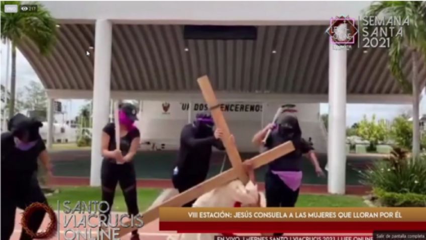 Causa polémica representación de feministas golpeando a Jesús en viacrucis de Macuspana Tabasco