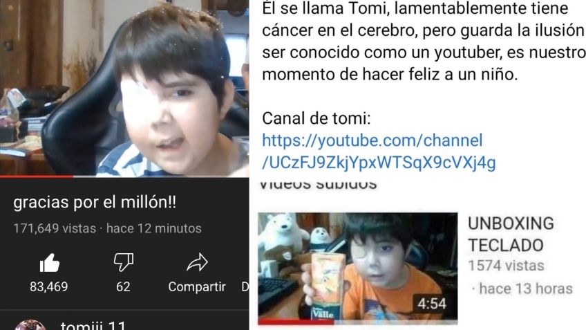 Tomi, niño enfermo de cáncer, CONMUEVE internet; usuarios se lanzan a YOUTUBE para cumplir su sueño