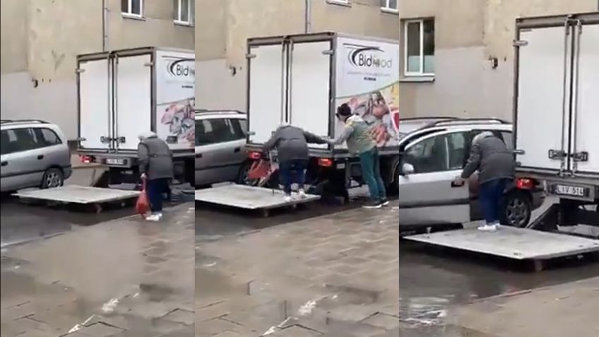 ¡Lo mejor que verás hoy! Camionero coloca plataforma y ayuda a abuela a subir a su auto sin mojarse: VIDEO VIRAL