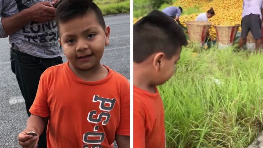 VIDEO VIRAL: Ante rapiña, niño pone el ejemplo y compra 10 pesos de naranjas tras volcadura de tráiler