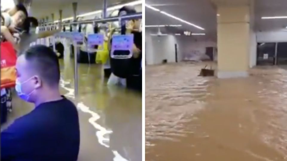 Los usuarios del Metro en China quedaron bajo el agua por algunos minutos hasta que fueron rescatados. Foto: Especial