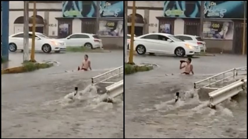 Joven bebe cerveza en medio de inundación en calles de Culiacán, ¡como en la playa!: VIDEO