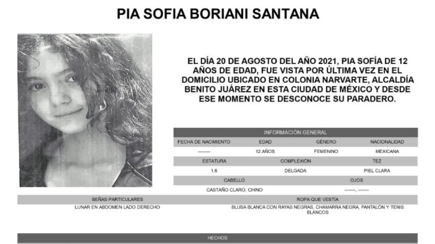 Localizan a Pía Sofía; se ausentó de manera voluntaria, informa FGJ-CDMX