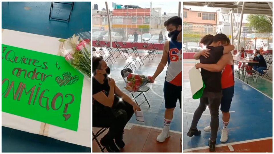 Las personas que estaban en el centro de vacunación aplaudieron la declaración de amor. Foto: Especial.