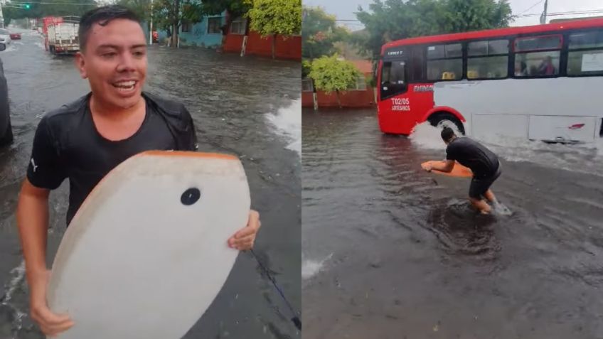 Joven intenta surfear en calles de Guadalajara tras inundaciones: VIDEO