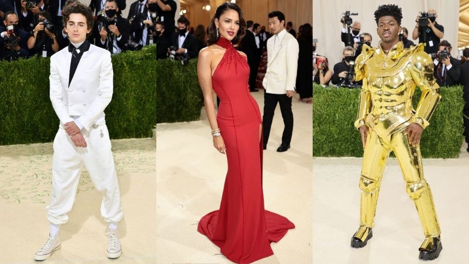 Timothée Chalamet, Eiza González y Lil Nas X en la Met Gala 2021. Foto: AFP