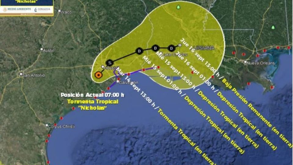 Imagen con el pronóstico del avance de Nicholas en las costas del Golfo de México. Foto: Conagua-SMN