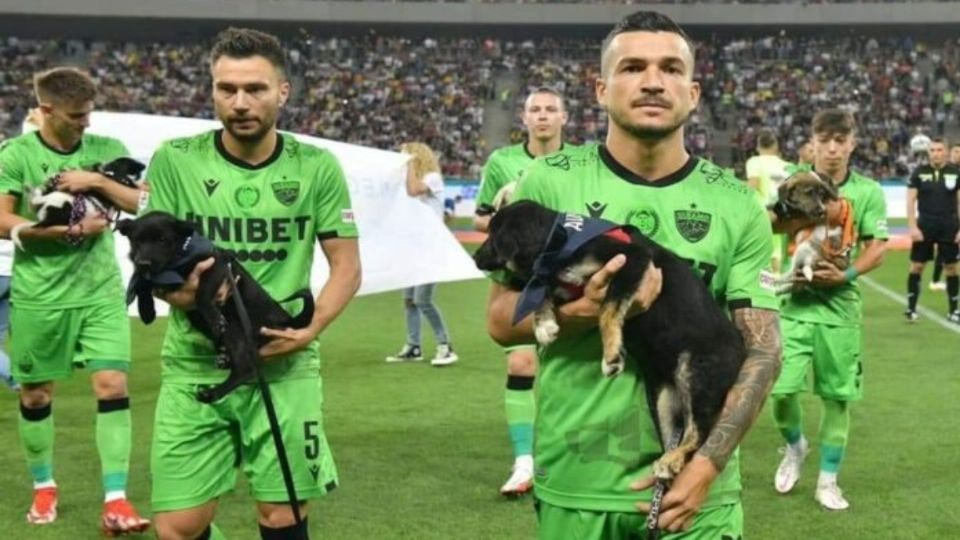 Antes del inicio del partido, los jugadores del conjunto visitante saltaron al terreno de juego acompañados de varios perros. Foto: Twitter/ @ruben_prz