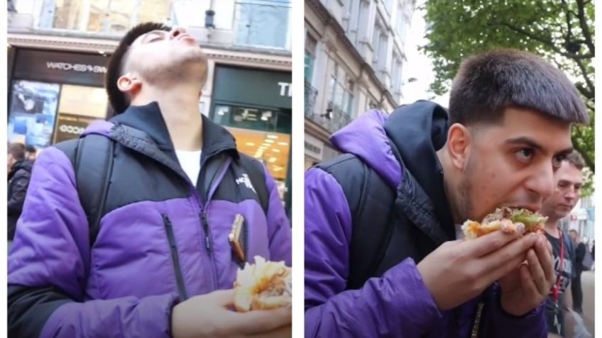 VIDEO VIRAL: Joven come hamburguesa gigante frente a protesta de veganos