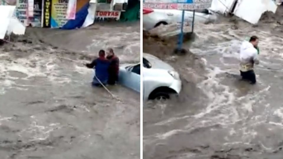 Entre varios funcionarios públicos de Ecatepec ayudaron al rescate de un bebé, a causa de las inundaciones de este lunes 6 de septiembre. Foto: Captura de pantalla