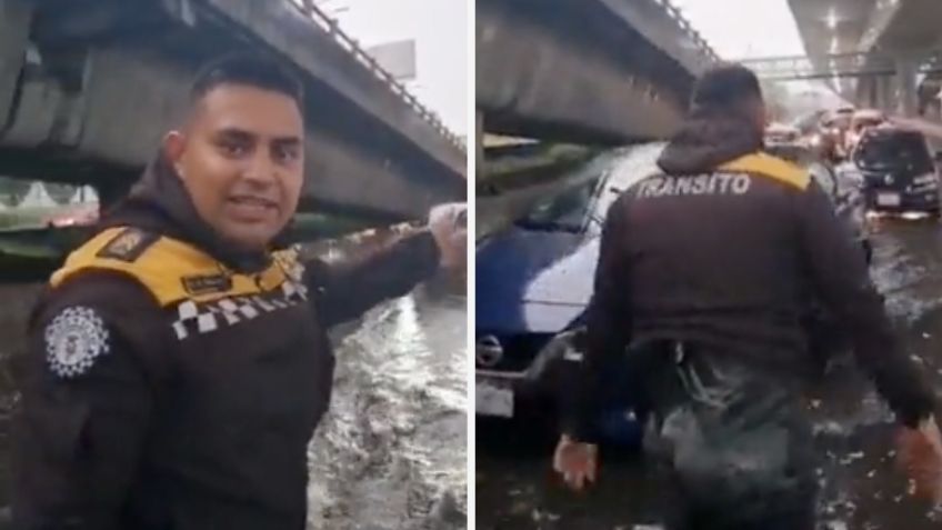 “Soy feliz”, dice policía de tránsito que ayuda a conductores durante inundaciones en la CDMX | VIDEO