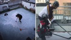 Abuelito hace pista de hielo en su patio para jugar con su nieto durante la cuarentena | VIDEO