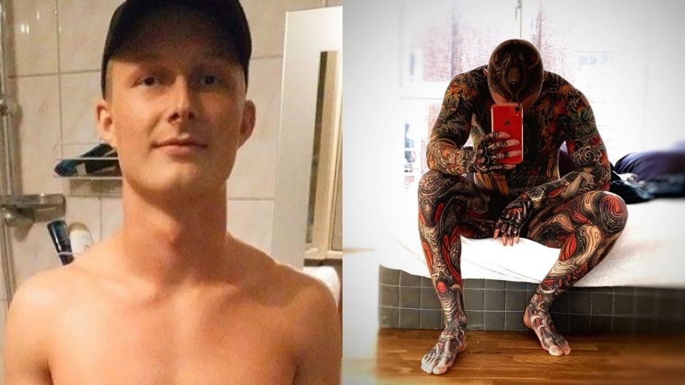 El joven, antes y después de que los tatuajes cubrieran su cuerpo (Foto: Tristan Weigelt)