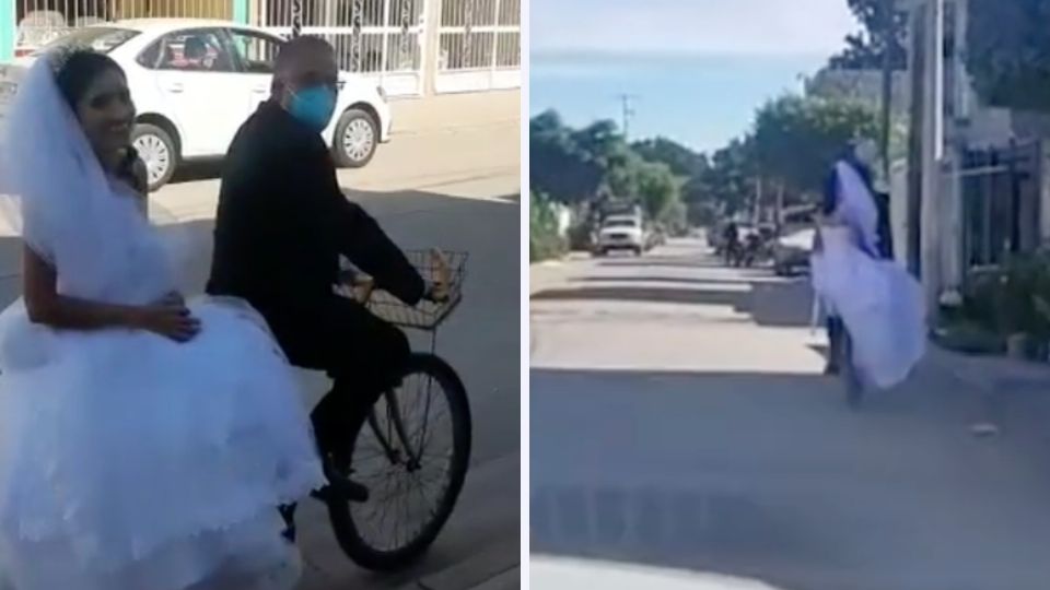 Papá lleva a su hija en bicicleta a la iglesia el día de su boda. Foto: Especial