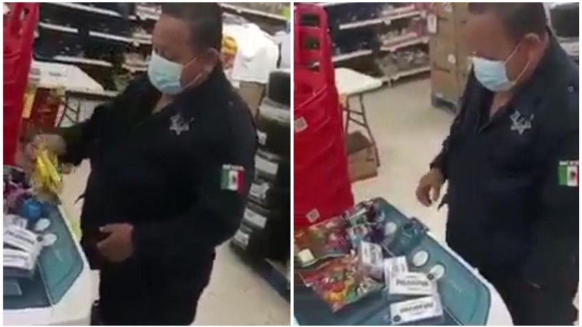 ¡En la tierra de AMLO! Captan a policia municipal robando en una tienda comercial