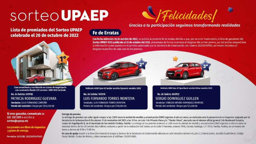 Lista de premiados del Sorteo UPAEP celebrado el 20 de octubre de 2022