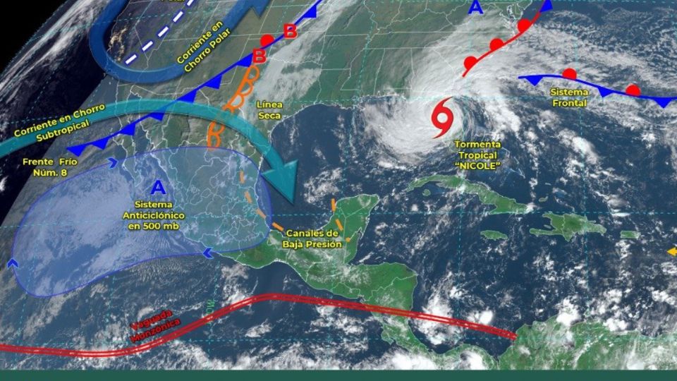 En el gráfico se describen los sistemas meteorológicos que inciden actualmente.