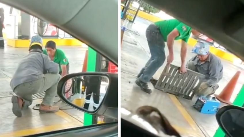 ¡Dios los hace! Intentan soldar una alcantarilla junto a la bomba de gasolina: VIDEO VIRAL