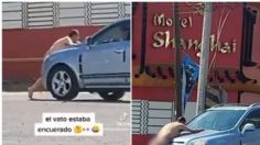 Hombre se hace viral al aparecer SIN ropa fuera de motel y detener un auto