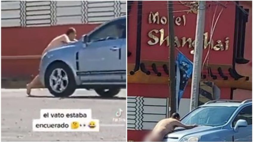 Hombre se hace viral al aparecer SIN ropa fuera de motel y detener un auto