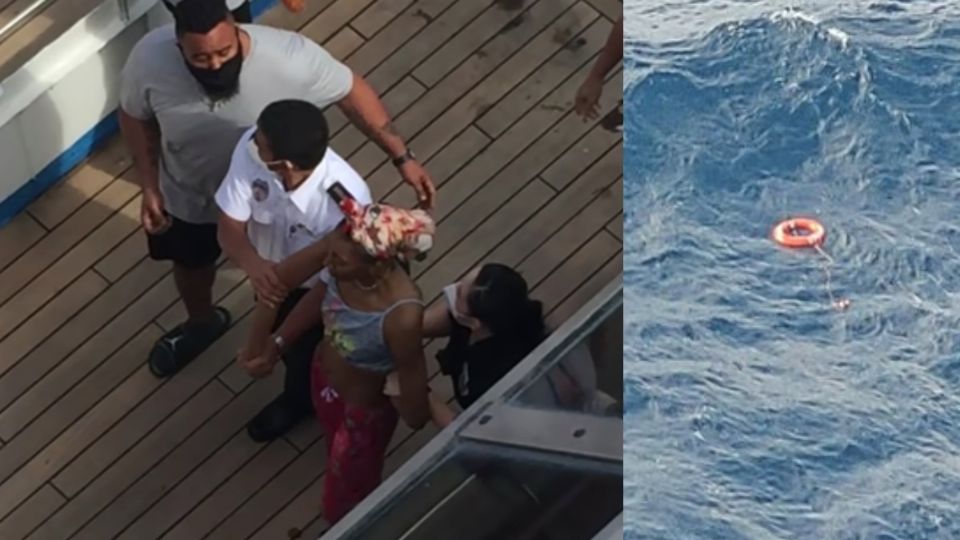 La mujer discutió con un hombre y seguridad la custodio, pero después se soltó y brincó del barco. Fotos: Especial/@johnnytrupp